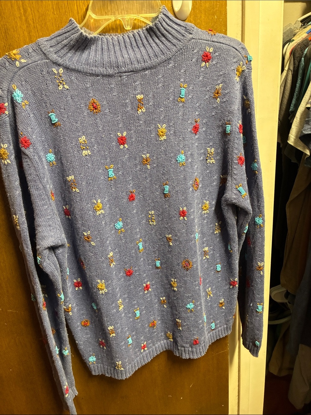 Embroidered Dusty Blue Turtleneck Sweater